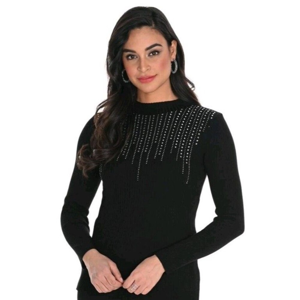 NWT Ladies Marled Black W/Rhinestones Mock Neck LS Ribbed Sweater Size S